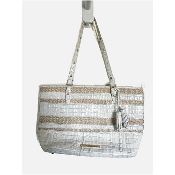 Brahmin Handbags - Brahmin Leather and Raffia Medium Asher Tote in Croc Embossed Ivory